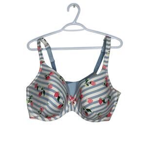 Cacique Lightly Lined T-Shirt Bra Blue Stripes Printed Strawberries